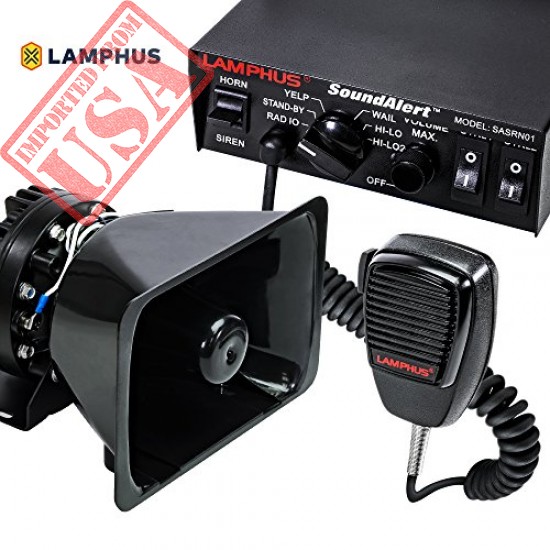 LAMPHUS SoundAlert Siren & Speaker PA System [100W] [6 Modes] [Heavy Duty] [120-130dB] [Microphone] [Hands-Free] [Dual 20A Switches] Emergency Horn Sound System for Police Cars & Fire Trucks