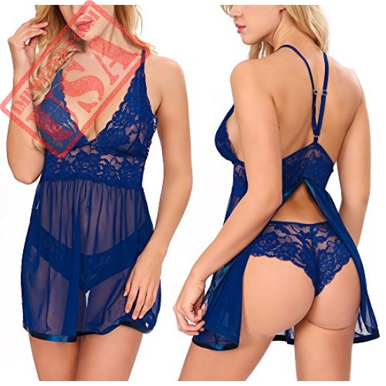 Ababoon Sexy Women Lingerie Robe Lace Nightwear Babydoll Sets Blue