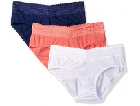 Warner's Women's Blissful Benefits No Muffin Top 3 Pack Lace Hipster Panties, White/Navy Ink/Coral Crush, L
