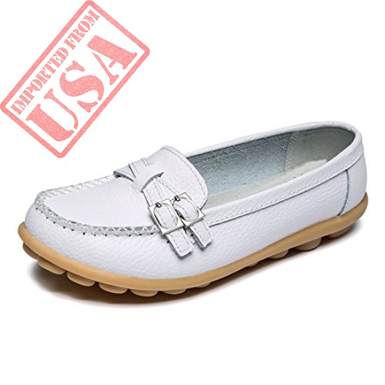 LINGTOM Women’s Casual Leather Loafers Driving Moccasins Flats Shoes, White 10 (42)