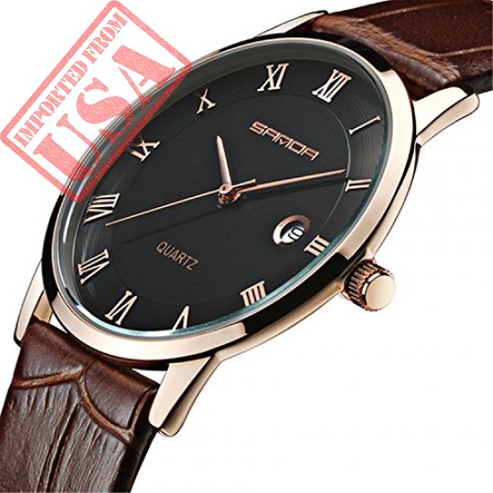 Super Slim Watch Mens Watches Genuine Leather Gold Calendar Quartz imported from USA