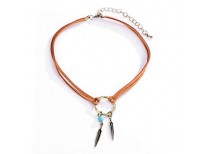 R&Q Choker Necklace Native American Bohemian Leather Feather Charms for Women