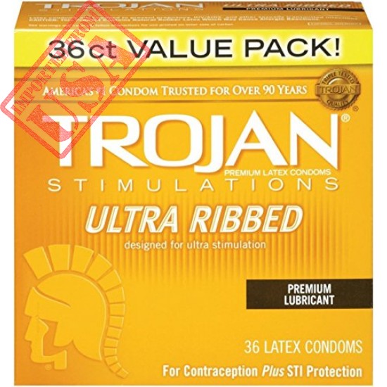 Trojan Ultra Ribbed Lubricated Condoms, 5 Boxes (36 Condoms)