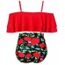 COCOSHIP Red Rose Floral & Red Two Piece Flounce Falbala High Waist Bikini Set Off Shoulder Ruffled Swimsuit Bathing Suit XXXXL